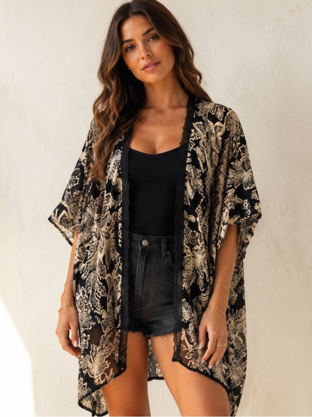 E by Eloise Black Floral Kimono Cardigan Boho Lace Trim XS/S